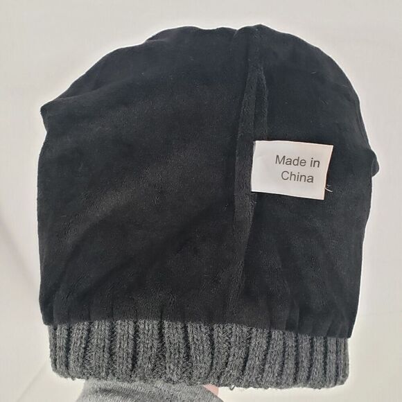 Beanie Hat Women's OS Gray Knit Chunky Fleece Lined Faux Fur Pom Pom - Picture 3 of 4